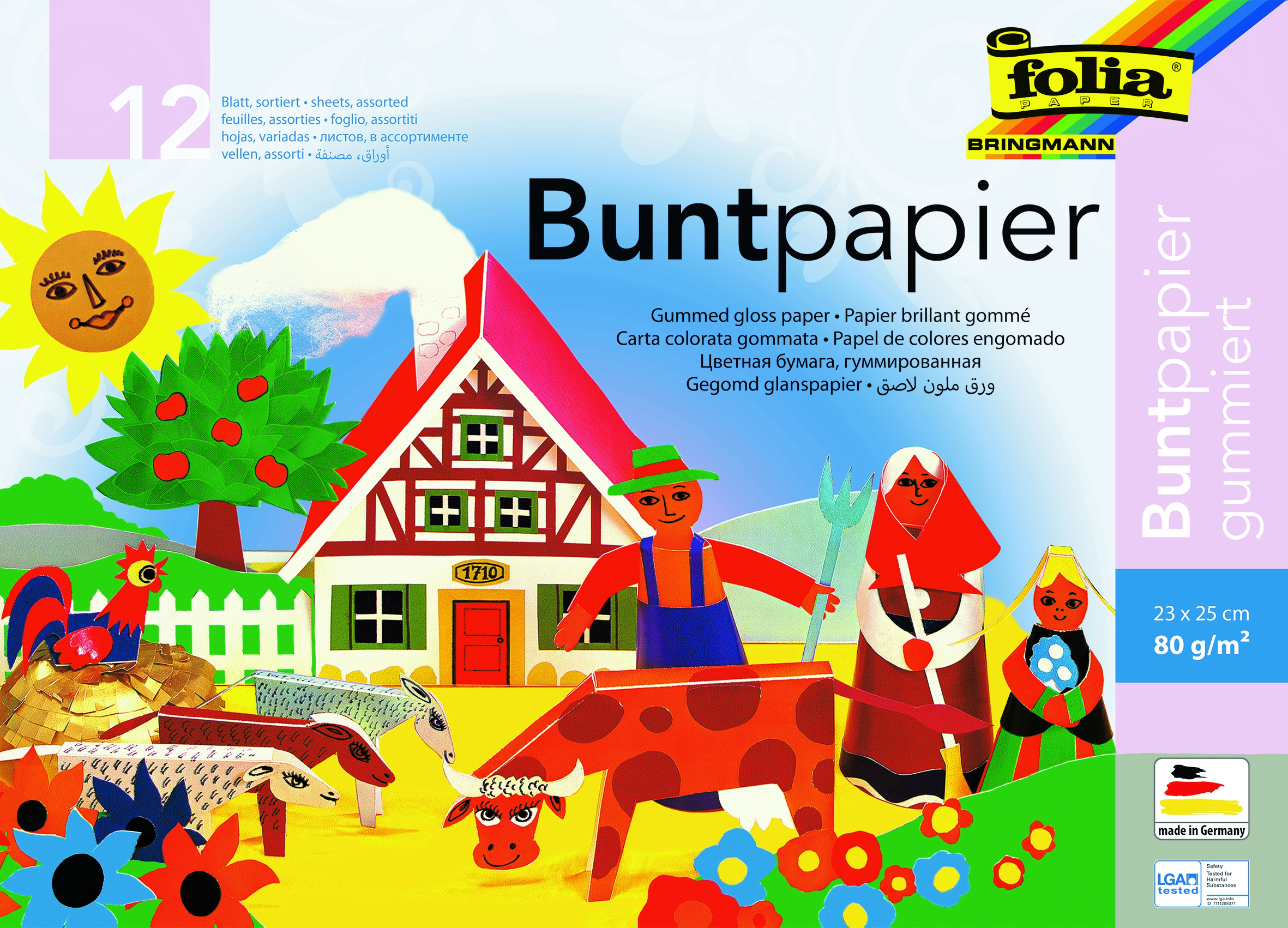 Buntpapier / Glanz 12 Blatt, gummiert, 23 x 25 cm