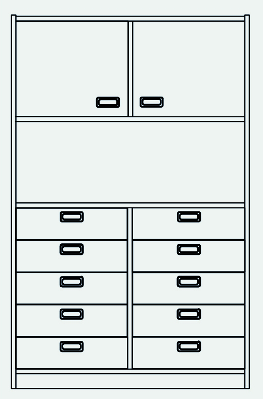 Hochschrank 10 Schubkästen unten, Doppeltür oben