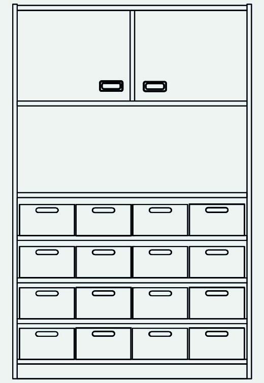 Hochschrank 16 Materialkästen unten,Doppeltür oben